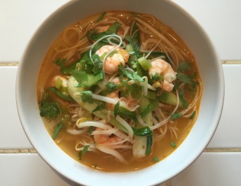 Red thai broth with King prawns